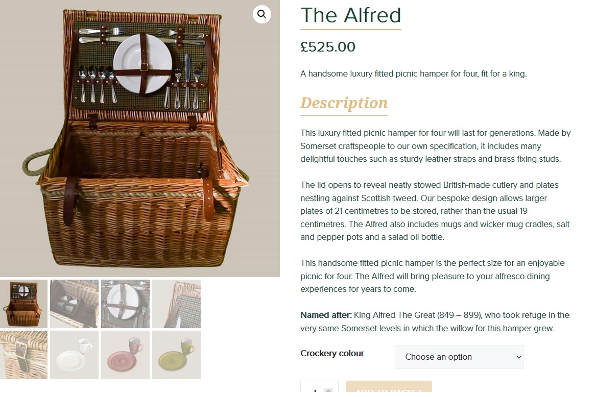 Screenshot of The Alfred hamper - including description and photos
