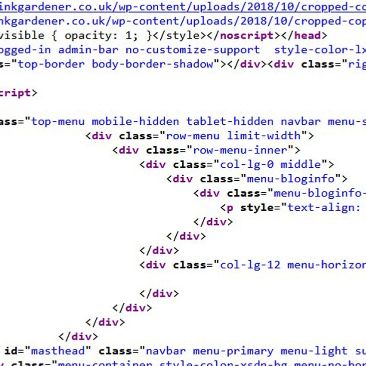Screenshot of HTML and CSS coding which create the Ink Gardener home page