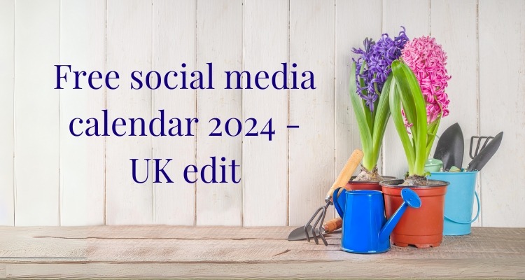 Free social media calendar 2024 UK edit - hyacinths in pots, some gardening tools and a watering can on a cream shed shelf.