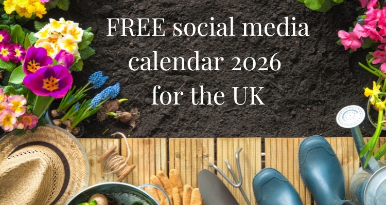 FREE social media calendar 2026 for the UK - patch of bare earth surrounding my gardening tools such as twine and gloves