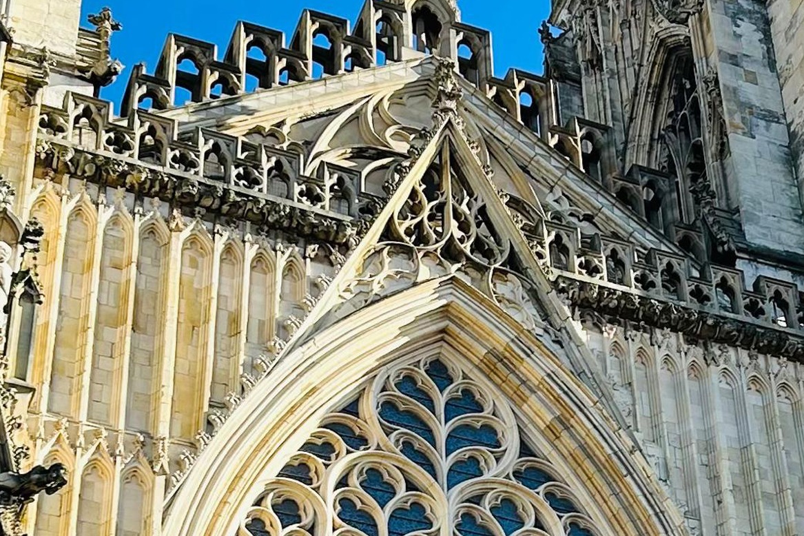 Close up of The Heart of Yorkshire Window stonework on York Minster, UK